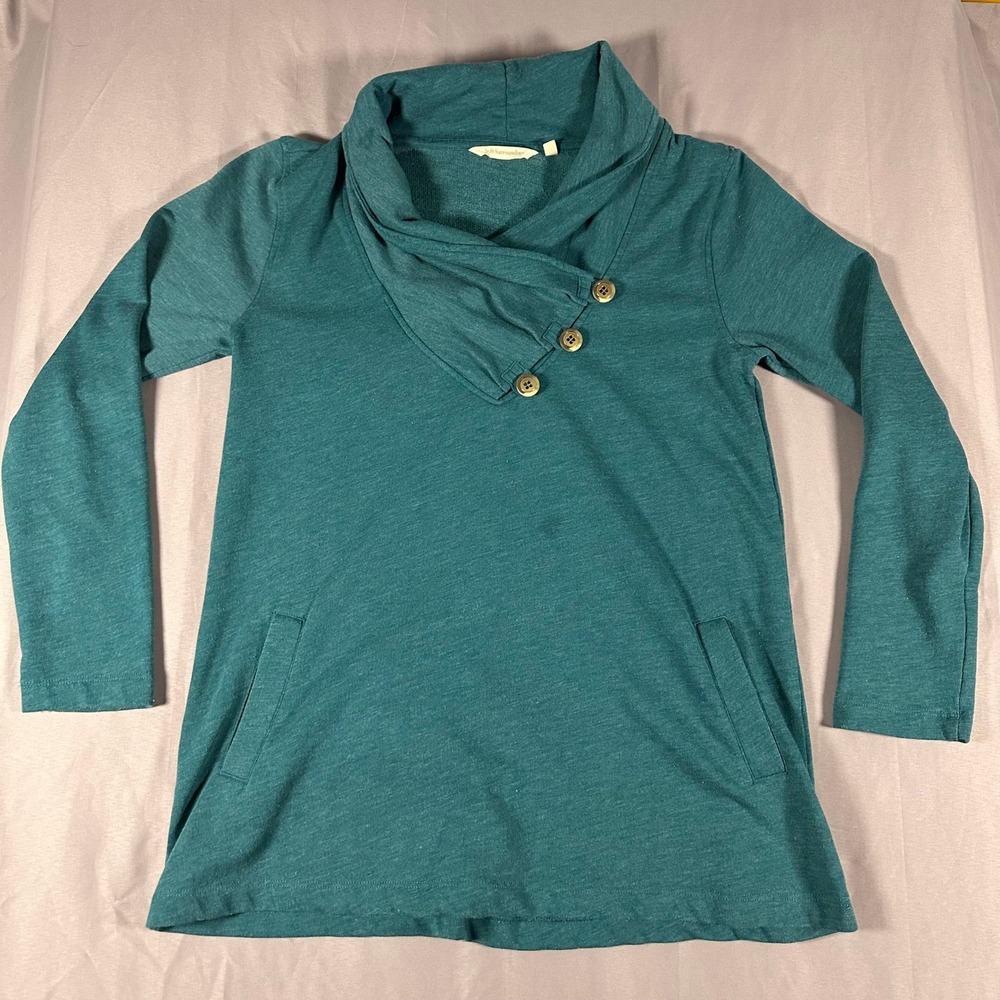 Soft Surroundings Cowl Neck Pullover Womens Small Teal Button Pockets